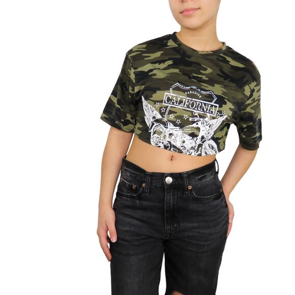 Shein Bikercore Camo Motorcycle Cropped Graphic Tee Crop Top XS - Picture 1 of 11